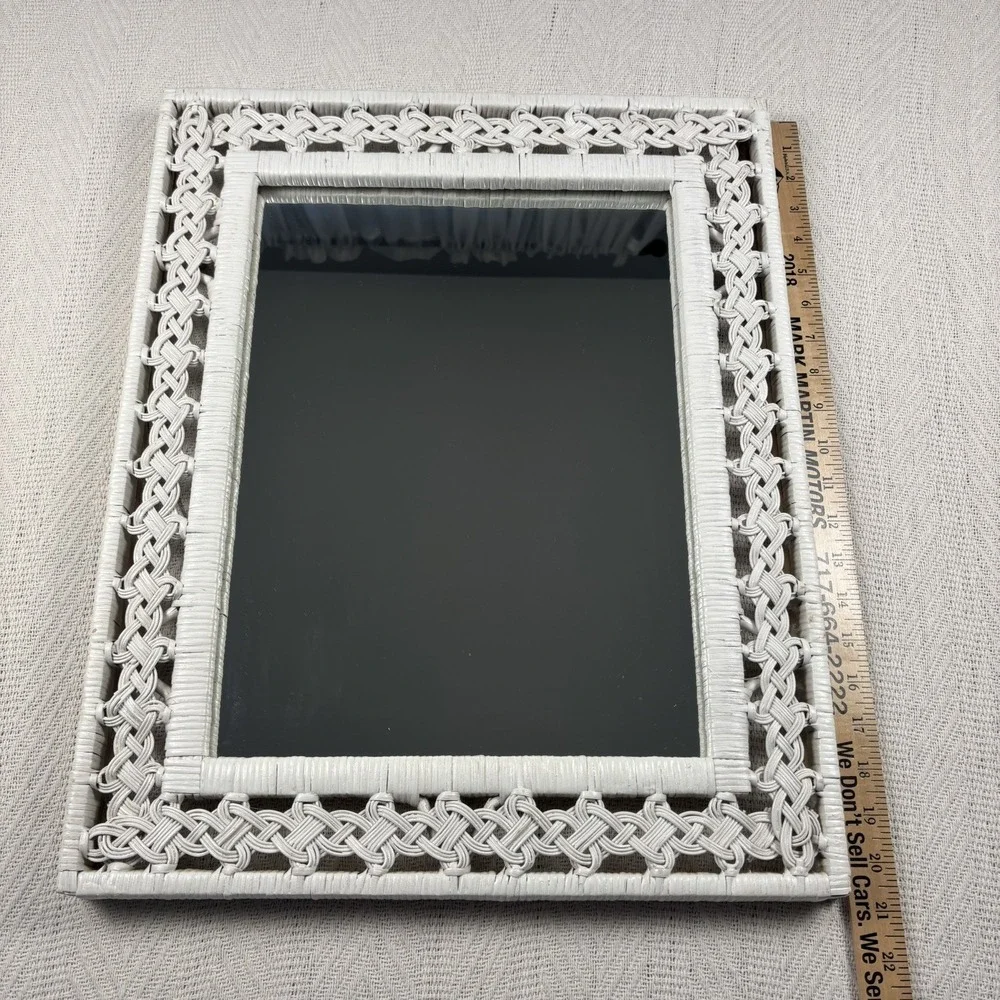 Vintage Rectangular White Wicker Mirror 1970's Cottage Core 21 x 17 Wall Mount